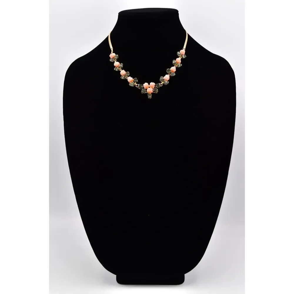 Vintage Carved Rose Leaf Collar Necklace Pink Floral Statement Gold Tone BinBE